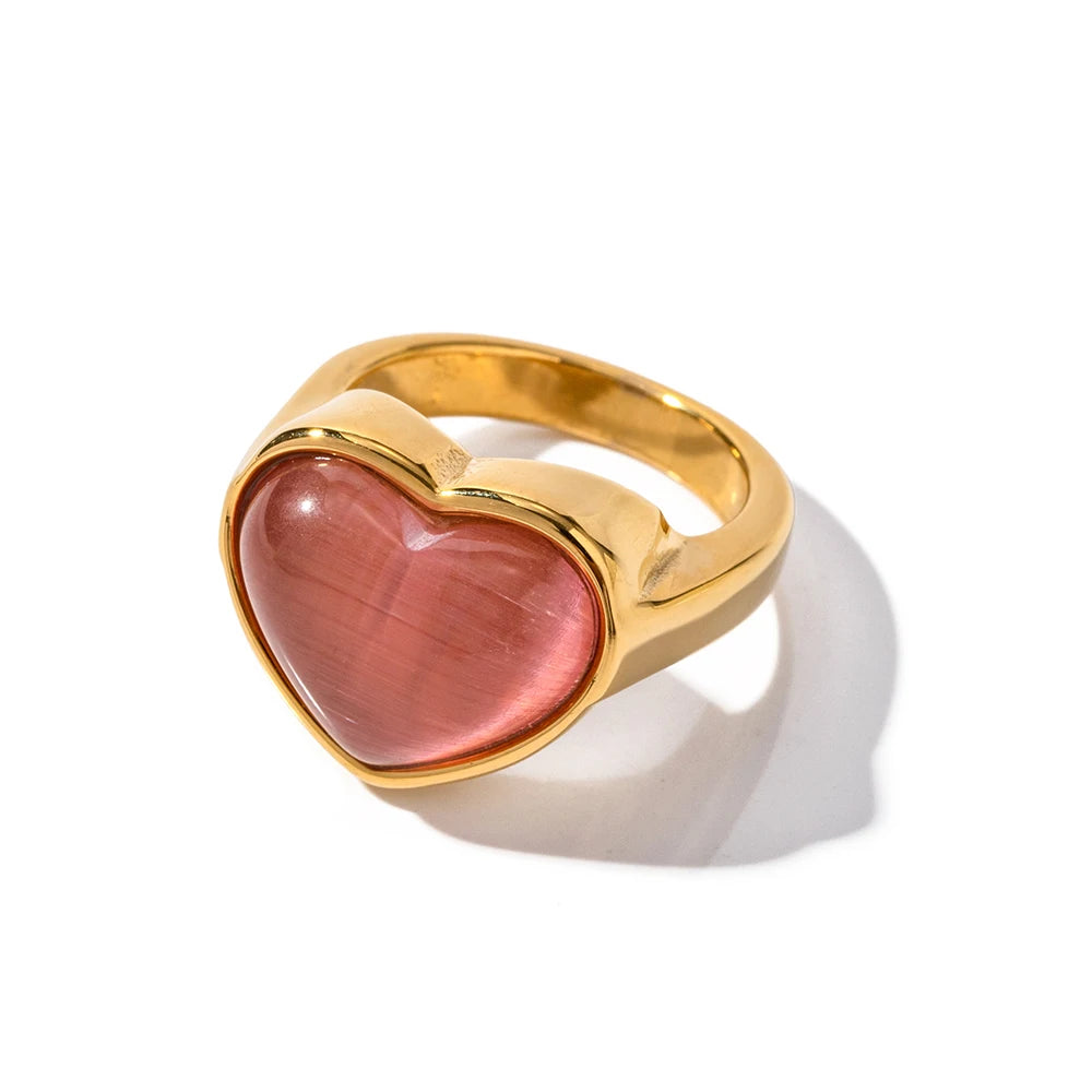 New Pink Opal Natural Stone Stainless Steel 18K Gold Plated Ring