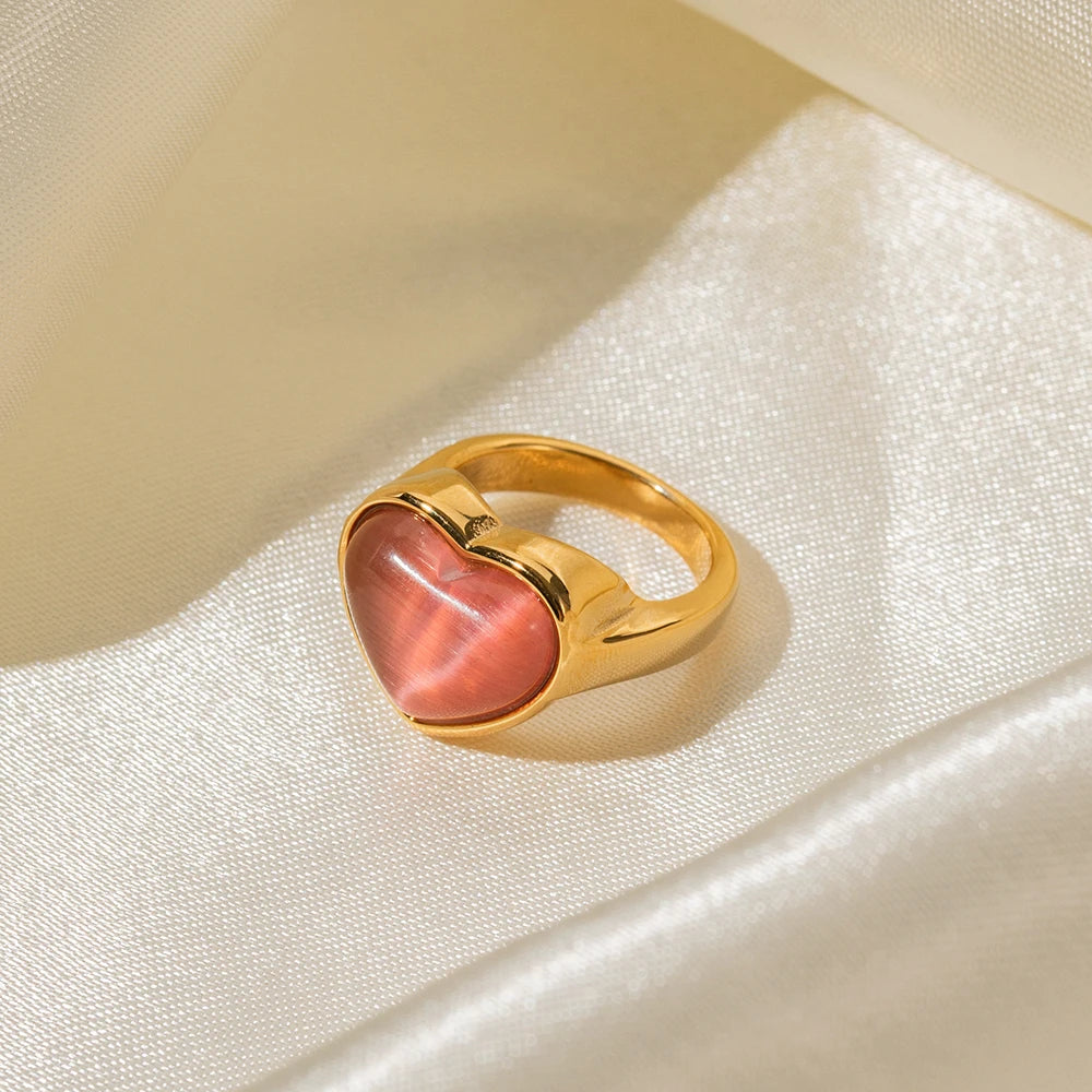 New Pink Opal Natural Stone Stainless Steel 18K Gold Plated Ring