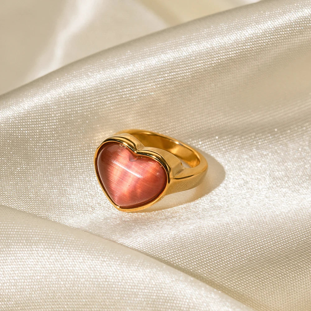 New Pink Opal Natural Stone Stainless Steel 18K Gold Plated Ring